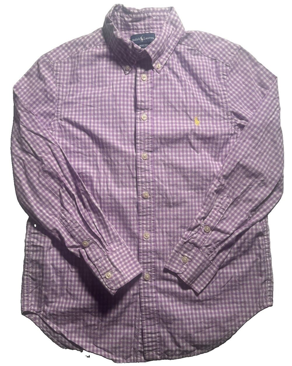 Ralph Lauren Boys M 10-12 Purple Gingham Button Down Shirt Long Sleeve Pony